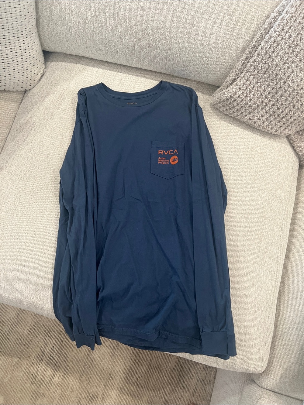 RVCA Navy Long Sleeve Pocket Tee with Orange Logo